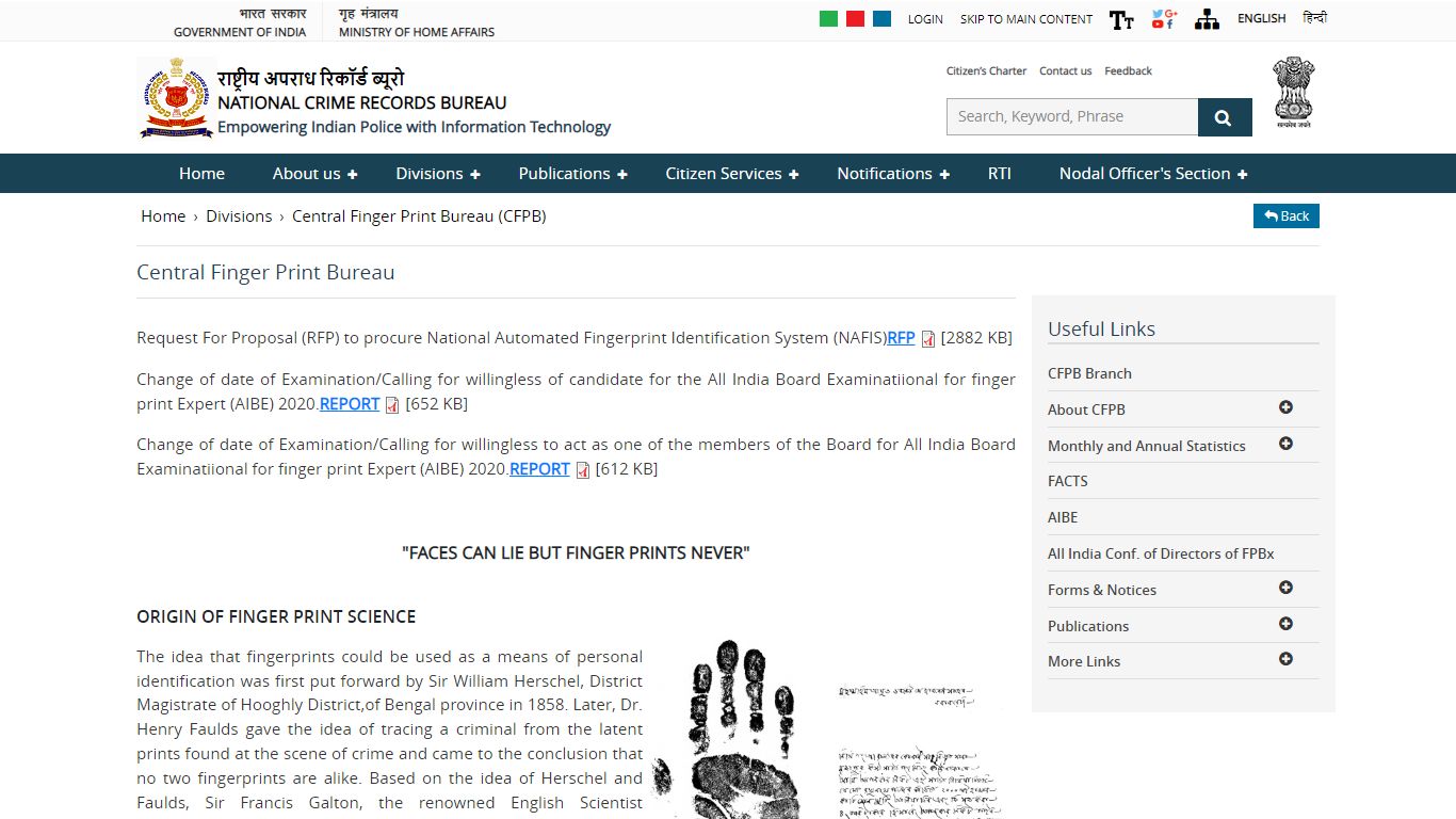 Central Finger Print Bureau | National Crime Records Bureau